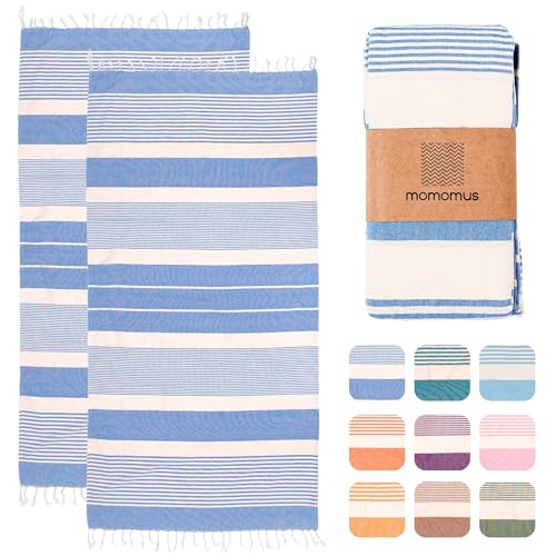 MOMOMUS Pack de 2 Foutas XL o Toallas de Playa Grandes de Algodón - Absorbente, Ultrasuave y Compacta - Ideal como Pareo de Playa o Toalla de Piscina - Celeste, 90x180 cm
