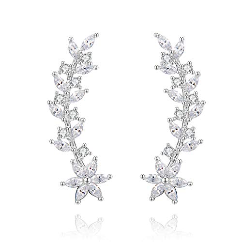 Ear Crawler Earrings Ear Climber  14k Gold Plated 925 Sterling Silver Flower Ear Cuff Wedding Earrings (Silver)