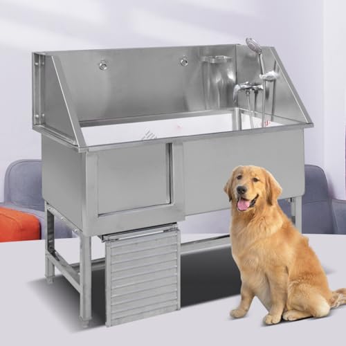 ZanLore 犬用入浴タブ 犬用グルーミングバスタブ 大型犬用 浴槽 ステンレス製 厚い手 頑丈 ペット犬入浴ステーション 伸縮式はしご付き 組み立て簡単 スライドドア 石鹸箱付き 蛇口 広いスペース お手入れ簡単 豊富なアクセサリー 洗濯シンク 家庭用