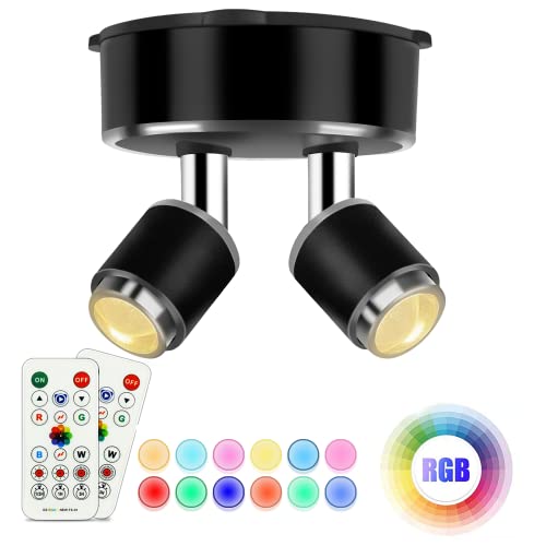 Dual-Head Wireless Spotlight Battery Operated, Starxing Led Spot Lights Indoor with Remote and DC Cord, RGBW Accent Light Projector for Art Picture, Dartboard, Kitchens Cabinets, Bedroom, Party Decor