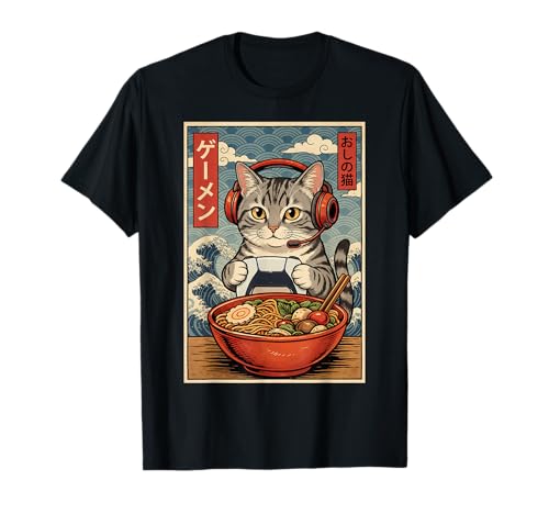 Gato Gamer Kawaii Lindo Divertido Ramen Estilo Retro Japonés Camiseta