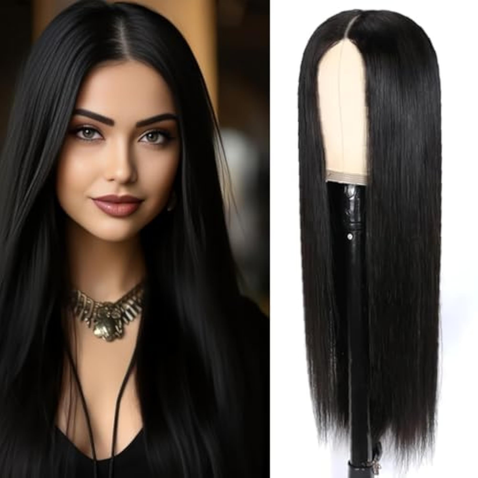 Women's 24 Inch Long Synthetic Black Wig, Natural Look