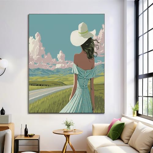 Murale art toile tableau vintage avec femme au chapeau blanc grand format 80x120 cm