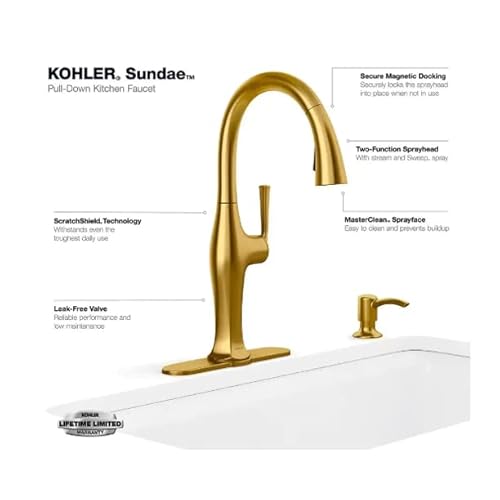Kohler Sundae Single-Handle Pull Down Sprayer Kitchen Faucet In Vibrant Brushed Moderne Brass #TOP1
