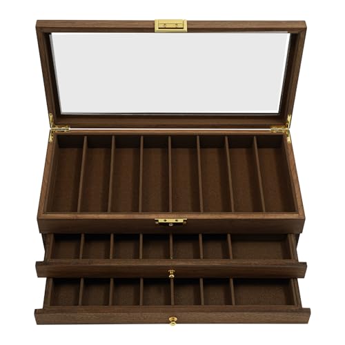 3-Tier Pocket Knife Display Case, 22 Compartments Pocket Knife Case with Glass Lid & Drawer, Knife Cases for Collections, Pocket Knife Storage for Men Gift (Walnut Color)