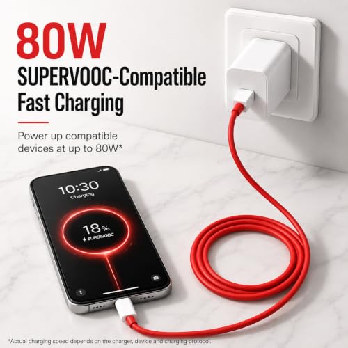 Image of Novobit 80W SUPERVOOC Fast Charging USB Type-C Cable, Compatible with OnePlus 13 /13R /12 /12R /11 /10 /10T /9 /9R /9RT /8 /8T /7T /7Pro, Nord 4 /3 /2 /2T /CE4 /CE3 /CE2Lite, 1m Red, 1Yr Warranty, 480Mbps Sync