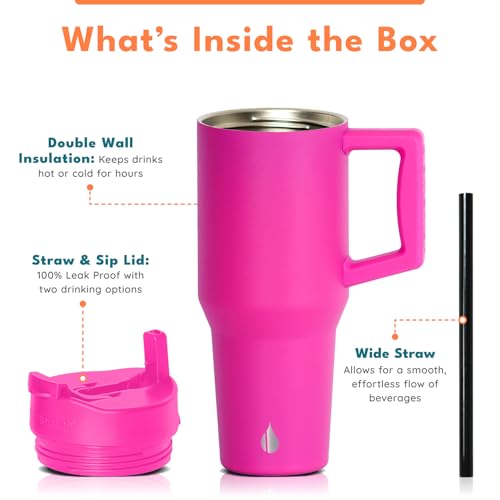 Image of Elemental 100% Leak Proof 32oz Tumbler with Handle & Straw Travel Mug | Stainless Steel Double Wall Insulated Tumbler for Hot and Cold Beverages with Sip & Straw Lid