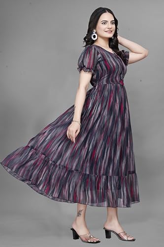Image of Women Gown with Abstract Print | Georgette One Piece Dress with Puff Sleeves | Round Neck Tiered Midi Frock for Women | Ladies Western Maxi Dress