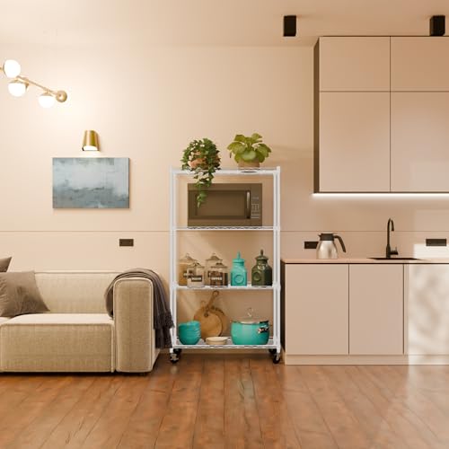 Image of 4-Shelves Wheels Heavy Duty Steel Storage Rack | Multipurpose Shelving Unit for Kitchen, Home & Utility | White, 4 Shelves Wheels