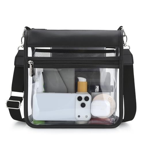 Image of Clear Crossbody Bags for Women, Stadium Approved Clear Purse for Concert Sports, Transparent Shoulder Handbags With Water-Resistant PVC Plastic Material with Wide Strap, Black