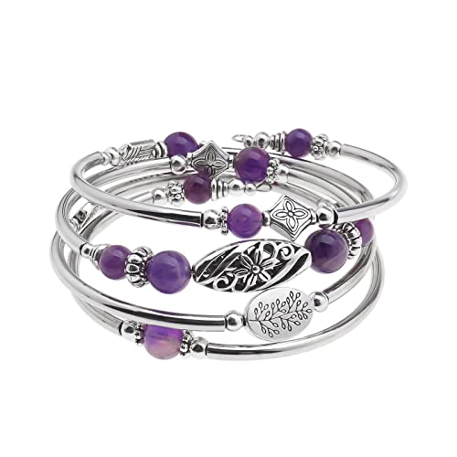 Micro Traders Layered Bohemian Bracelets Amethyst Beaded Chakra Bangle Bracelet Silver Layered Wrap Bracelet Fashion Jewellery Gifts For Women Ladies Friends #TOP22