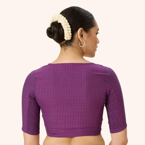 Image of Studio Shringaar Women Cotton Half Sleeve Madras Checks Saree Blouse with Stretchable Sides