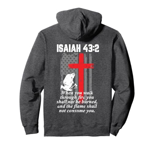 Thin Red Line Firefighter cross Bible Verse American Flag Pullover Hoodie