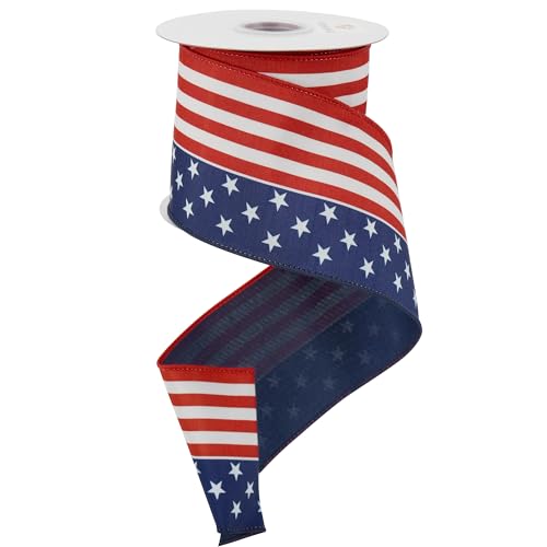 HUIHUANG Patriotic Dupioni Wired Ribbon 4 inch Stars and Stripes American Flag Wire Ribbon for 4th of July Memorial Day Bow Making Wreaths DIY Crafts Holiday Decorations - Continuous 10 Yards