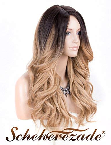 Blonde Ombre Synthetic Wig Front None Lace Medium Wavy Ombre Blonde Wig 27# Scheherezade L Part Glueless Honey Blonde Wig with Dark Roots for Women Full Machine Made Heat Resistant