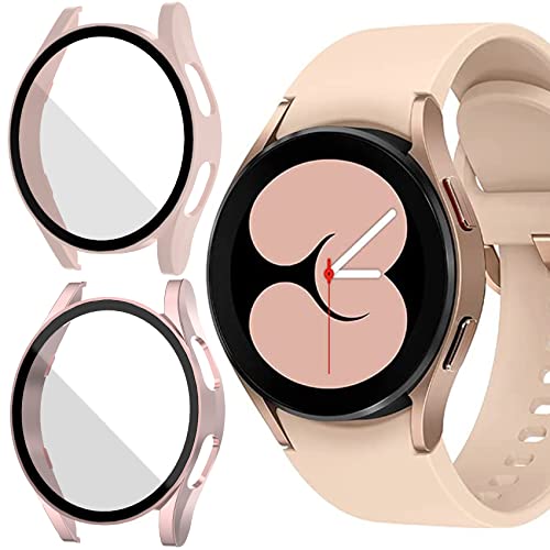 Jvchengxi [2 Pezzi Opaco Custodia per Samsung Galaxy Watch 4 / FE 40mm Pellicola Protettiva, Rigida PC Vetro Temperato Cover Anti-Graffio Schermo Protezione Case Galaxy Watch FE / 4 (Rosa/OroRosa)