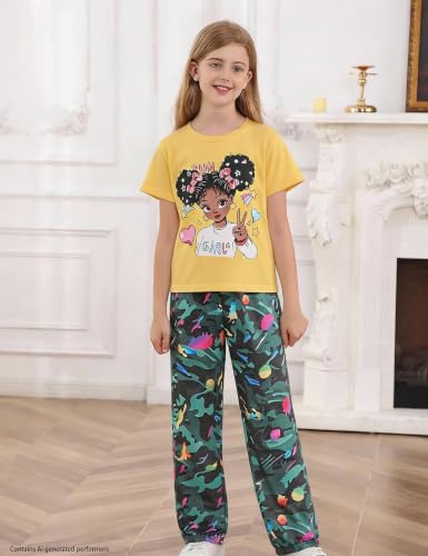 Image of mksodop Girls Outfit Set Graphic T Shirt and Camo Jogger Pants Cute Casual Clothes for Girls 5-16 Years