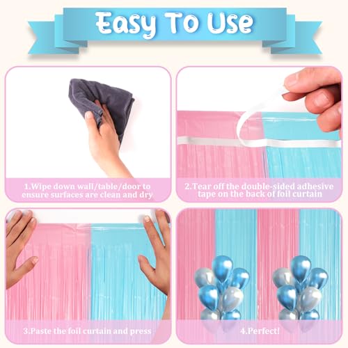 Image of Voircoloria 2 Pack Pastel Blue and Pink Foil Fringe Backdrop Curtains, Tinsel Streamers Party Decorations, Fringe Backdrop for Gender Reavel, Baby Shower Party