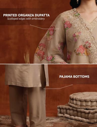 Buy Amazon Brand - Myx Women's Kurta Pant Set with Embroidered Organza Dupatta | Viscose,Rayon (AW24-MYX-SKD-VN-08_Golden Beige_XS) at Amazon.in - Image 7