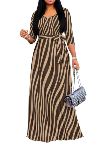 Image of Maxi Dress for Women with Sleeves, Empire Waist Dress | A-line shape, self-tie belt, side pockets and pull-on design; stretch fabric for church, work and casual wear