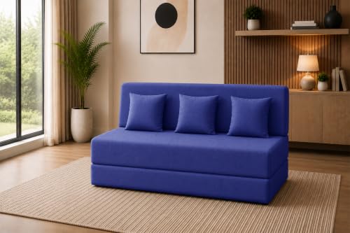 Image of Sofa Cum Bed with Jute Fabric, Convertible Three Seater Sofa Bed 5x6 Ft, Comfortable Cushioned Seating, Space Saving Design for Living Room, Bedroom & Guest Room - Blue Color