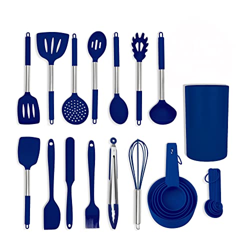 Culinary Couture 24-Piece Blue Stainless Steel & Silicone Cooking Utensil Set, Heat-Resistant Cooking Utensils, Non-Scratching Kitchen Cooking Utensils, Includes a Bonus Recipe E-Book