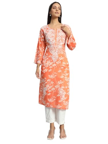 Image of Bilal Handicrafts Women's Lucknowi Chikankari MUL Cotton Straight Kurti | Floral Embroidered Calf Length Kurta | Sizes 36-46 | Orange