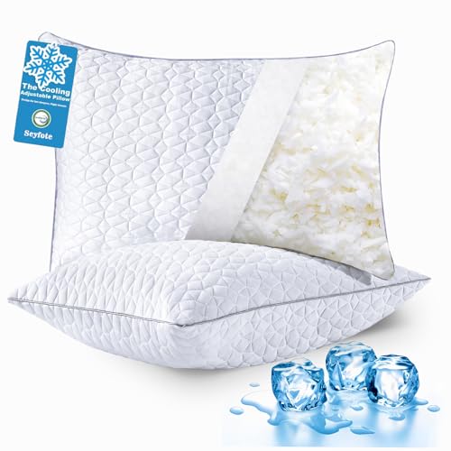 Cooling King Size Pillows Set of 2, Shredded Memory Foam Pillows, Adjustable Firm Bed Pillows Cool Cold Pillow for Hot Side Back Stomach Sleepers with Removable Washable Cover, 20' x 36', White
