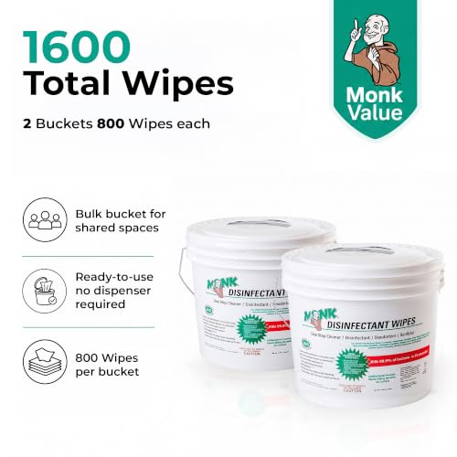 Image of Monk Disinfecting Wipes (2 Buckets of 800 Count) for Commercial Facilities