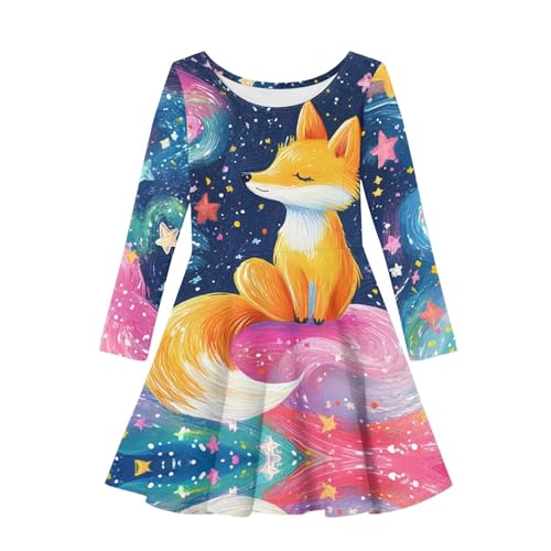 Spring Crew Neck Long Sleeve Flowy Midi Fall Dresses for Girls Soft Comfy Cute Print A Line Fit and Flare Dress