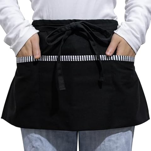 Zihuatailor Waitress Apron with 3 Pockets, 100% Cotton Server Apron, Black Waist Apron, Waiter Apron - 12 Inch Cover