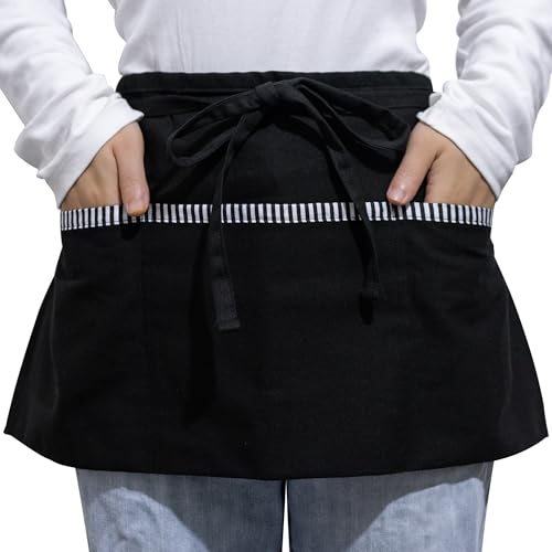 Zihuatailor Waitress Apron with 3 Pockets, 100% Cotton Server Apron, Black Waist Apron, Waiter Apron - 12 Inch