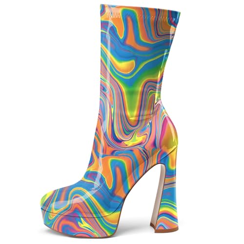 Women's Mid Calf Platform Boots Round Toe High Heel GoGo Short Boots Chunky Heel Comfortable Booties with Side Zipper for Ladies Sexy Cute2