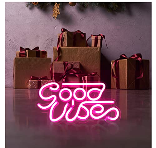 Good Vibes Leuchtreklame, LED Leuchtreklame mit Acryltafel mit zwei Haken USB Leuchtreklame Dekoration Schlafzimmer Schlafzimmer, Ankleidezimmer, Spielzimmer, Bar, Hochzeit, Party (rosa 12,9 "X 7") Cover