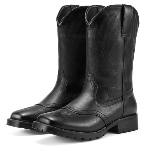 Image of Rollda Cowboy Boots for Men, Western Boots Men's Square Toe Chunky Heel Mid-Calf Boots Classic Embroidered Pull On Tabs Black Size 9