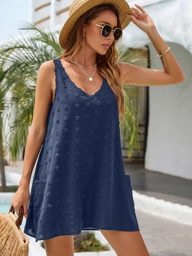 Blooming Jelly Womens Casual Sun Summer Dresses Swiss Polka Dot Beach Cover Up V Neck Tank Dress with Pockets3