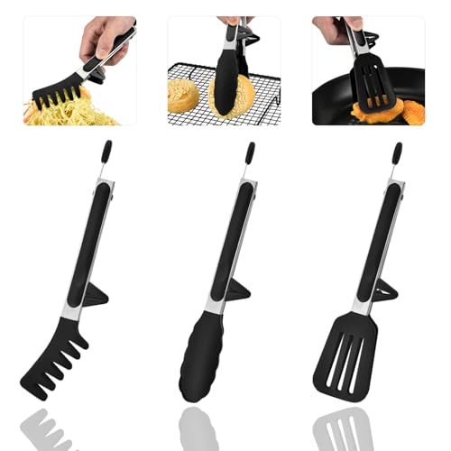 La Mejor Selección de Pinzas para ensalada - los más vendidos. 46 pinzas de silicona para cocina, pinzas de cocina de silicona,3 Piezas, con Puntas de Silicona Antiadherentes, Alta Resistencia al Calor, para Cocinar, Servir, Ensalada (Negro)