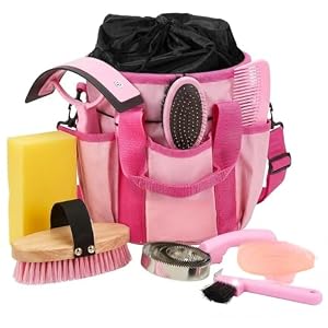 Cunhill 9 Pcs Horse Grooming Kit Tack Room Supplies Set with Tote Bag, Oval Massage Curry, Hard and Soft Brush, Hoof Pick, Sweat Scraper, Bathing Sponge, Comb for Horse Rider(Classic,Pink)