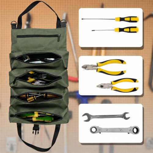 Image of Tool Roll Bag, Multi-Purpose Roll Up Tool Organizer, Canvas Wrench Roll, Heavy-Duty Tool Storage Bag, Portable Zipper Tool Carrier, Mechanic Tool Pouch, Car Camping Gear Organizer(Green)