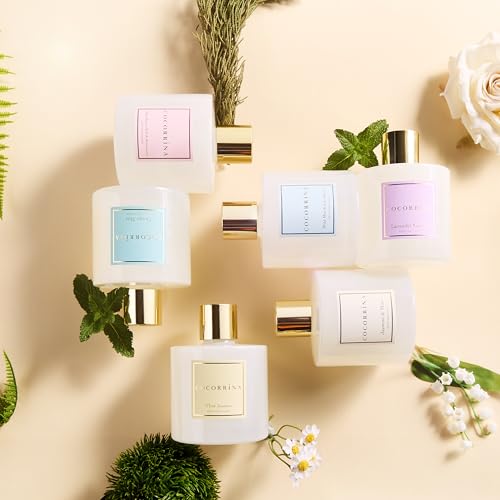 Image of COCORRINA Reed Diffuser - Jasmine & Mint 6.7 Fl.oz Reed Diffuser Set with Sticks & Preserved Baby's Breath, Reed Diffuser for Home Bathroom Shelf Decor