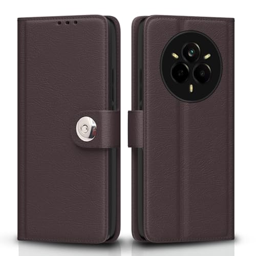 Image of Pikkme Flip Cover Leather Finish | Inside TPU with Card Pockets | Wallet Stand and Shock Proof | Complete Protection Button Flip Case for Realme 14 Pro 5G(Coffee)