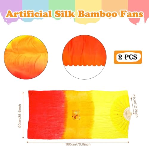 Image of Premium Dancing Long Veil Bamboo Folding Streamer Silk Hand Fan For Dance Shows (Fire Flames, Pack of 2 Pieces)