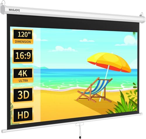 WASJOYE Manueller Leinwand Beamer Rollo mit Universal 120-Zoll Roll-Down einziehbarer manueller Projektionsschirm mit automatischer Verriegelung Einstellbarer Bildschirmhöhe