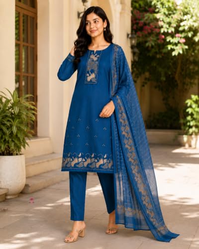 Image of KD Women Embroidery Rayon Kurta Pant Set with Dupatta | Kurta Set for Women | Daily Office & Festive Traditional | Stylish Kurti Pant Set with Dupatta