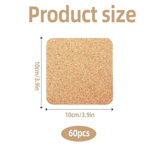 60 Pcs Self Adhesive Cork Coasters Square Rounded Corner 4 x 4 Cork Mats Backing Sheets for DIY Coasters Crafts Backing Tiles Supplies(Square)