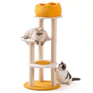 MEWOOFUN Cute Cat Tree, 45.3” Cat Tower for Indoor Cats, Eggshell Cat Tree Tower with Sisal Scratching Posts, Removable Cozy Condo, Plush Egg Perches, Yellow