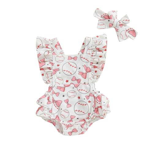KtwHarnu Newborn Baby Girl Baseball Outfit Baseball Bow Print Ruffle Sleeve Romper Bodysuit Cute Spring/Summer/Fall Clothes (A-White, 0-3 Months)