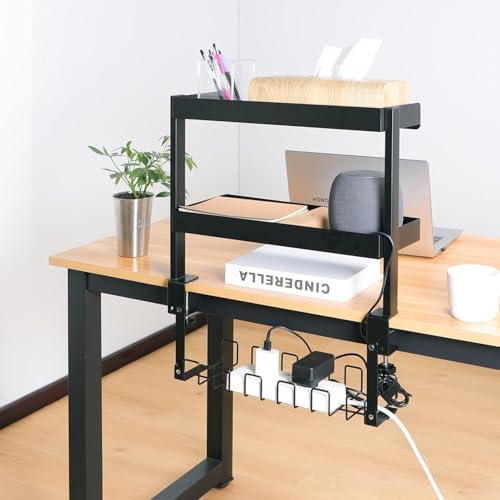 デスク上収納ラック 穴あけ不要 机上ラック ケーブルトレー付き 収納 クランプ固定 机上台 卓上棚 棚 可動棚 二段/三段 簡単組立 前後に調節できる 配線整理 デスク上 収納 オフィス（三段）