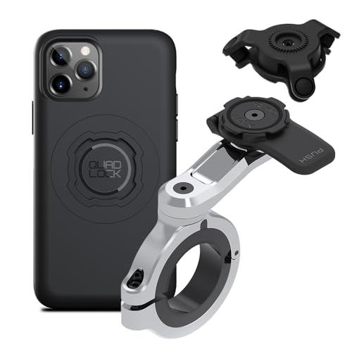 Image of Quad Lock Motorcycle Handlebar Phone Mount PRO Chrome - Large with Vibration Dampener and MAG Phone Case for iPhone 11 Pro