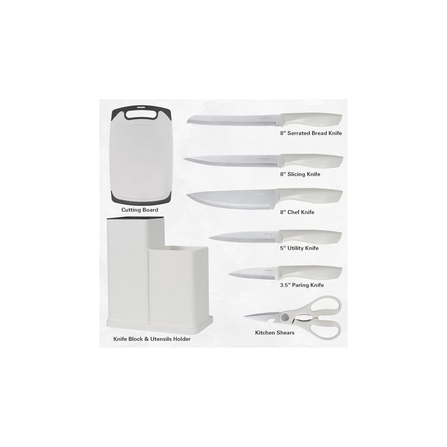 19PCS-Kitchen-Knife-Set-with-Block-Professional-5-PCS-High-Carbon-Stainless-Steel-Cooking-Knives-Set-Knife-Block-Set-with-11-PCS-Silicone-Kitchen-Utensils-Set-Convenient-White CADABY 19PCS Kitchen Knife Set with Block, Professional 5 PCS High Carbon Stainless Steel Cooking Knives Set Knife Block Set with 11 PCS Silicone Kitchen Utensils Set, Convenient, White